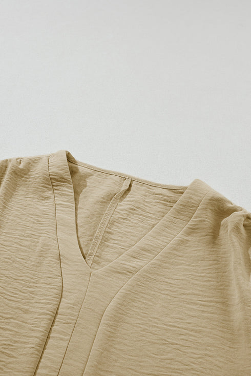 Textured V Neck Wide Sleeve Crinkled Fit Blouse