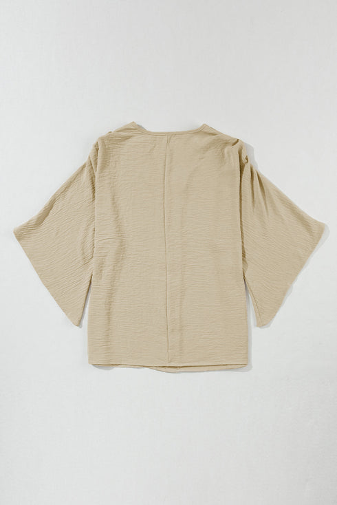 Textured V Neck Wide Sleeve Crinkled Fit Blouse