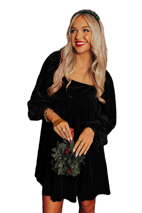 Textured Velvet Square Neck Balloon Sleeve Tie Back Babydoll Mini Dress