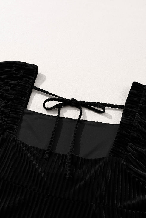 Textured Velvet Square Neck Balloon Sleeve Tie Back Babydoll Mini Dress