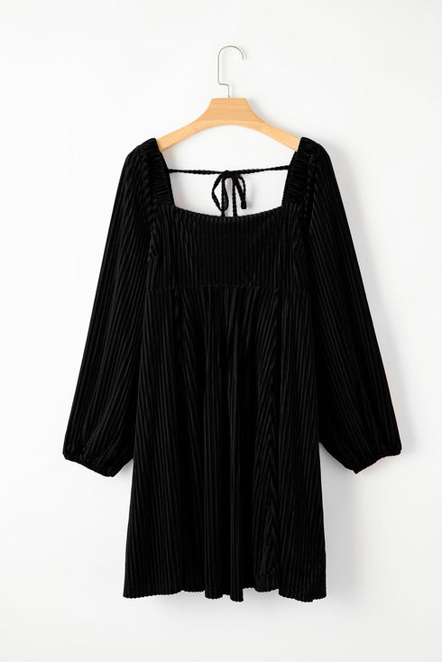 Textured Velvet Square Neck Balloon Sleeve Tie Back Babydoll Mini Dress
