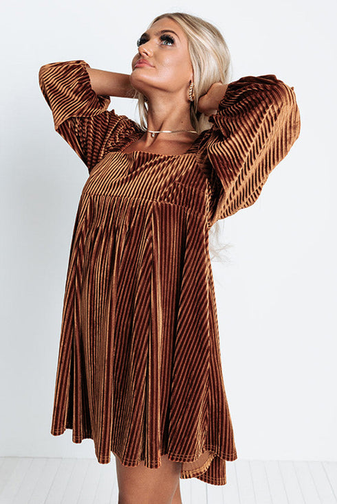 Textured Velvet Square Neck Balloon Sleeve Tie Back Babydoll Mini Dress