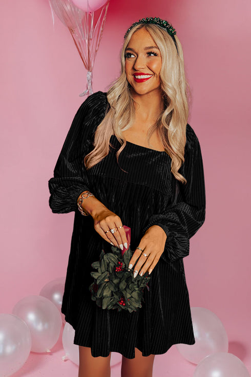 Textured Velvet Square Neck Balloon Sleeve Tie Back Babydoll Mini Dress