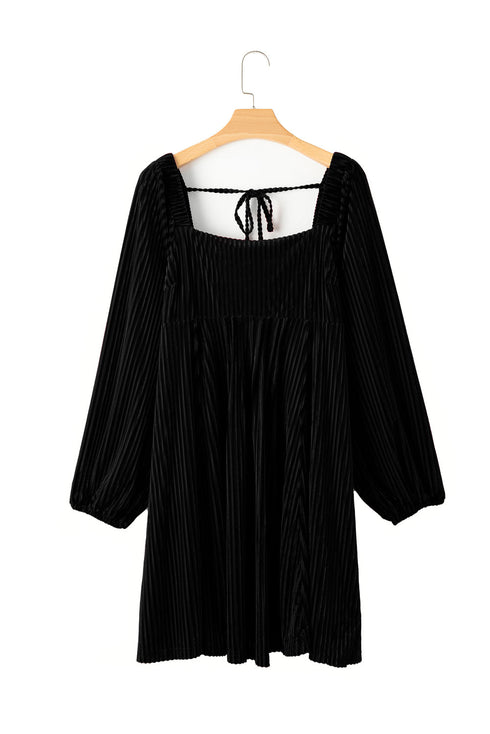 Textured Velvet Square Neck Balloon Sleeve Tie Back Babydoll Mini Dress