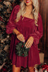 Textured Velvet Square Neck Balloon Sleeve Tie Back Babydoll Mini Dress