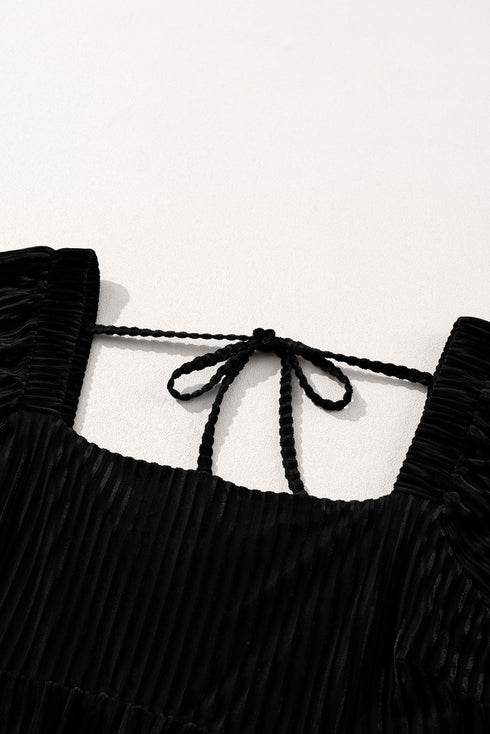 Textured Velvet Square Neck Balloon Sleeve Tie Back Babydoll Mini Dress