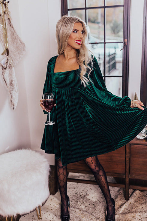 Textured Velvet Square Neck Balloon Sleeve Tie Back Babydoll Mini Dress