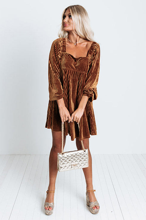 Textured Velvet Square Neck Balloon Sleeve Tie Back Babydoll Mini Dress