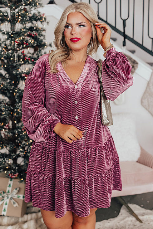 Textured Velvet Tiered Button V Neck Mini Dress