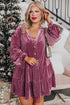 Textured Velvet Tiered Button V Neck Mini Dress