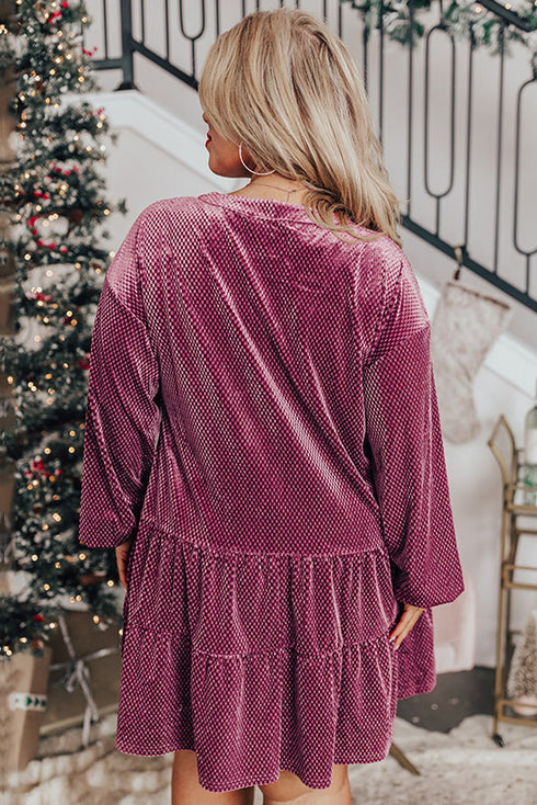 Textured Velvet Tiered Button V Neck Mini Dress