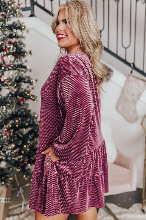 Textured Velvet Tiered Button V Neck Mini Dress