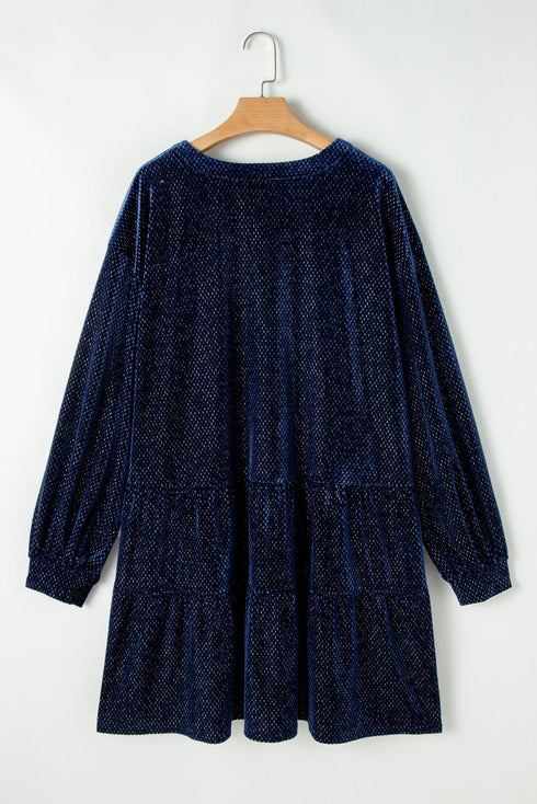 Textured Velvet Tiered Button V Neck Mini Dress