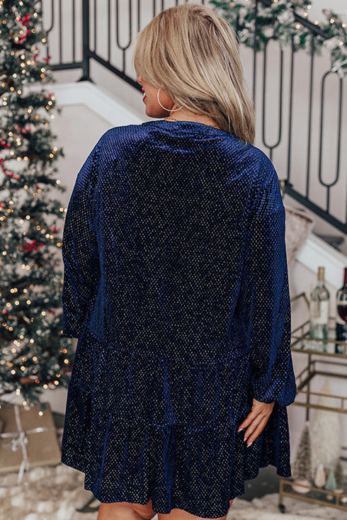 Textured Velvet Tiered Button V Neck Mini Dress