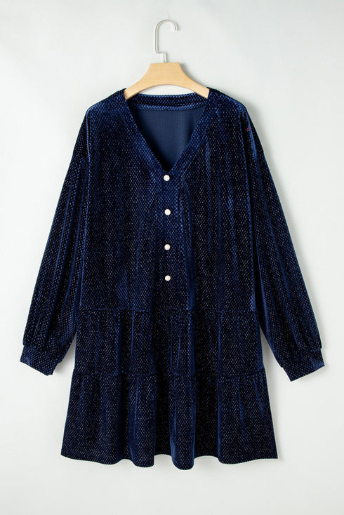 Textured Velvet Tiered Button V Neck Mini Dress