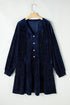Textured Velvet Tiered Button V Neck Mini Dress