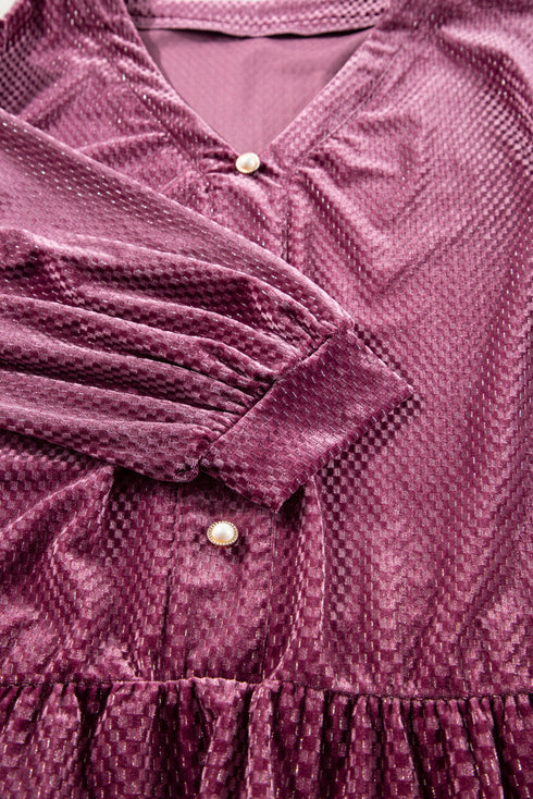 Textured Velvet Tiered Button V Neck Mini Dress