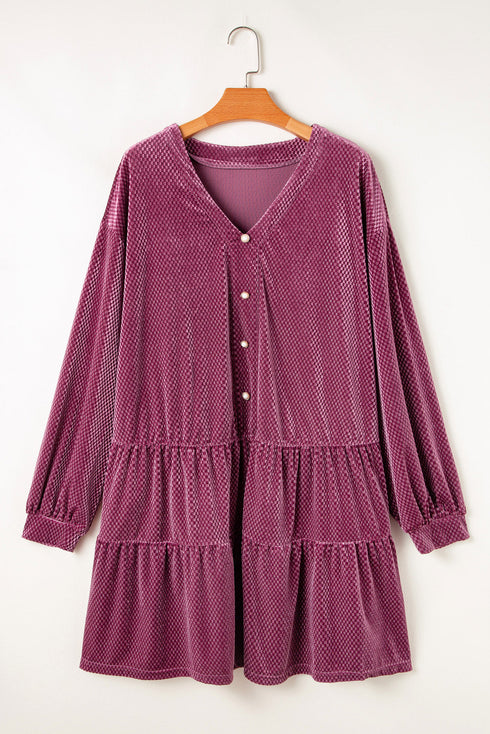 Textured Velvet Tiered Button V Neck Mini Dress