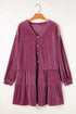 Textured Velvet Tiered Button V Neck Mini Dress