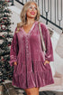 Textured Velvet Tiered Button V Neck Mini Dress