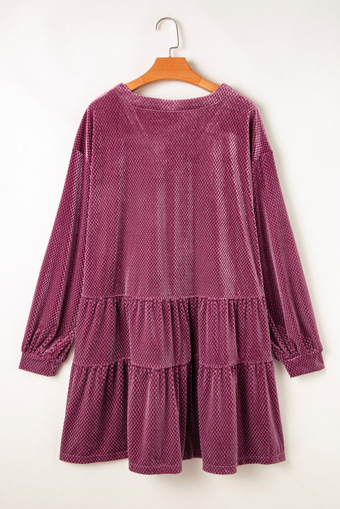 Textured Velvet Tiered Button V Neck Mini Dress