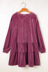 Textured Velvet Tiered Button V Neck Mini Dress