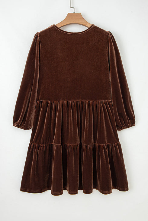 Textured Velvet V Neck Long Sleeve Tiered Mini Dress