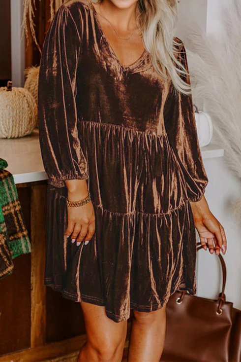 Textured Velvet V Neck Long Sleeve Tiered Mini Dress