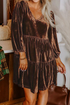 Textured Velvet V Neck Long Sleeve Tiered Mini Dress