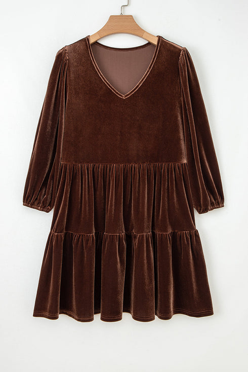 Textured Velvet V Neck Long Sleeve Tiered Mini Dress
