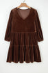 Textured Velvet V Neck Long Sleeve Tiered Mini Dress