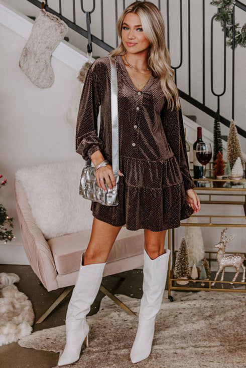 Textured Velvet V Neck Shift Mini Dress