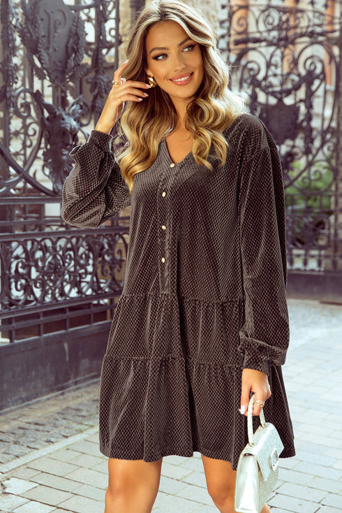 Textured Velvet V Neck Shift Mini Dress