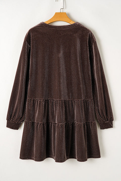 Textured Velvet V Neck Shift Mini Dress