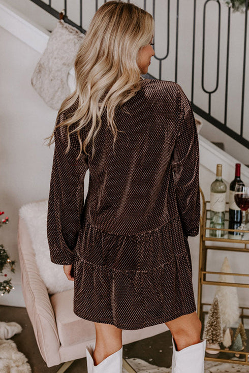Textured Velvet V Neck Shift Mini Dress
