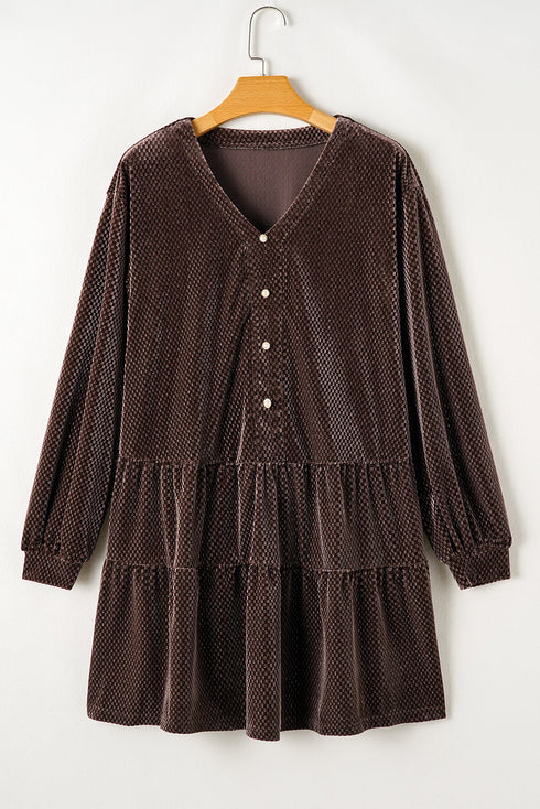 Textured Velvet V Neck Shift Mini Dress