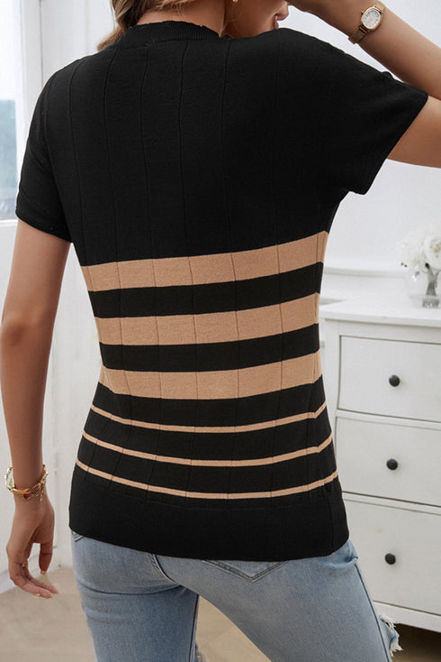 Textured Vertical Ribbed Short Sleeve Striped Knit Top
