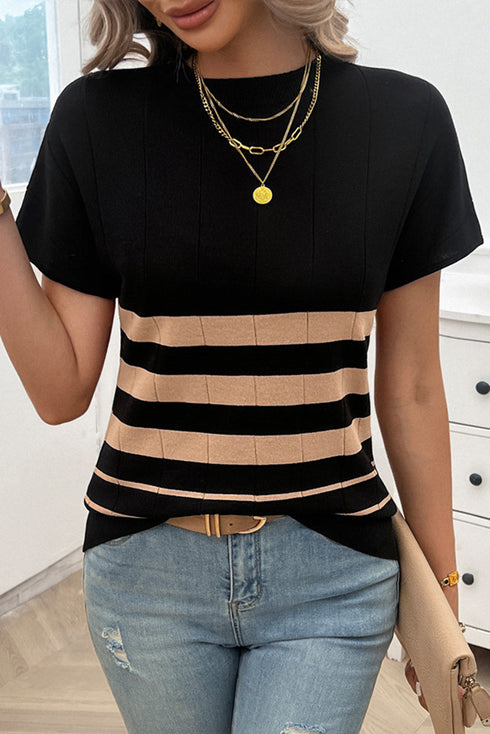 Textured Vertical Ribbed Short Sleeve Striped Knit Top