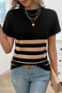 Textured Vertical Ribbed Short Sleeve Striped Knit Top