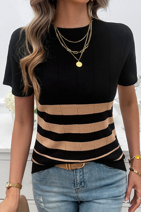 Textured Vertical Ribbed Short Sleeve Striped Knit Top