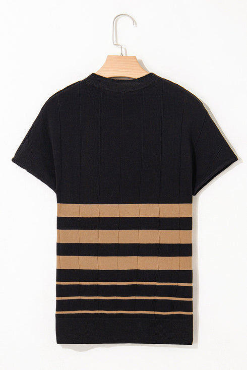 Textured Vertical Ribbed Short Sleeve Striped Knit Top