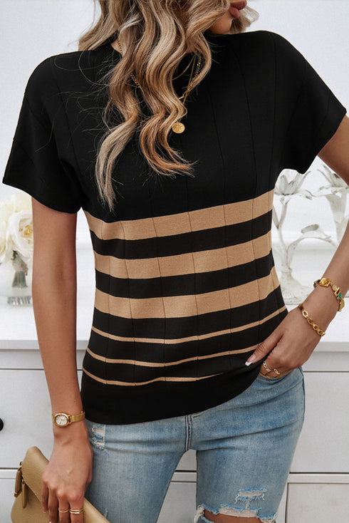 Textured Vertical Ribbed Short Sleeve Striped Knit Top