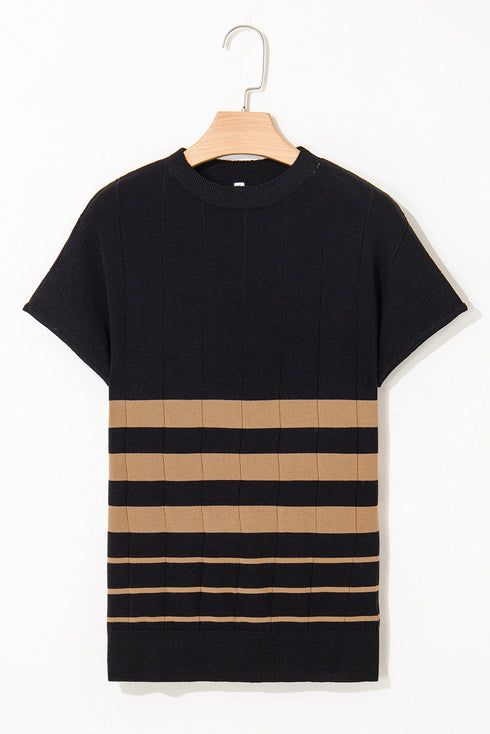 Textured Vertical Ribbed Short Sleeve Striped Knit Top
