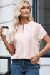 Textured Vertical Stripe Button Front Short Sleeve Blouse