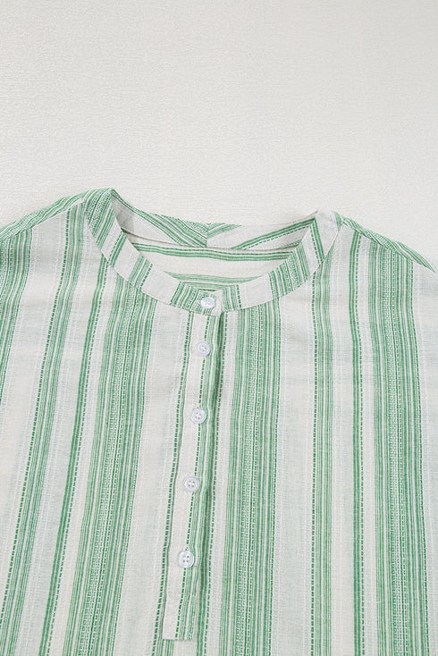 Textured Vertical Stripe Button Front Short Sleeve Blouse