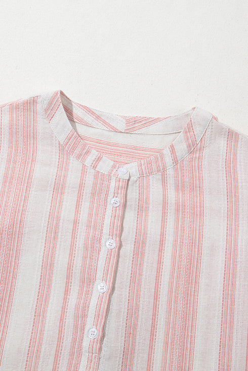 Textured Vertical Stripe Button Front Short Sleeve Blouse