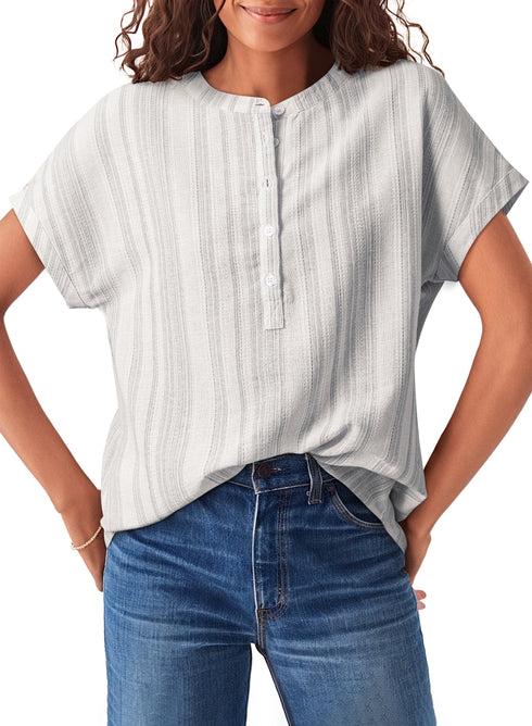 Textured Vertical Stripe Button Front Short Sleeve Blouse