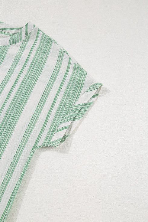 Textured Vertical Stripe Button Front Short Sleeve Blouse