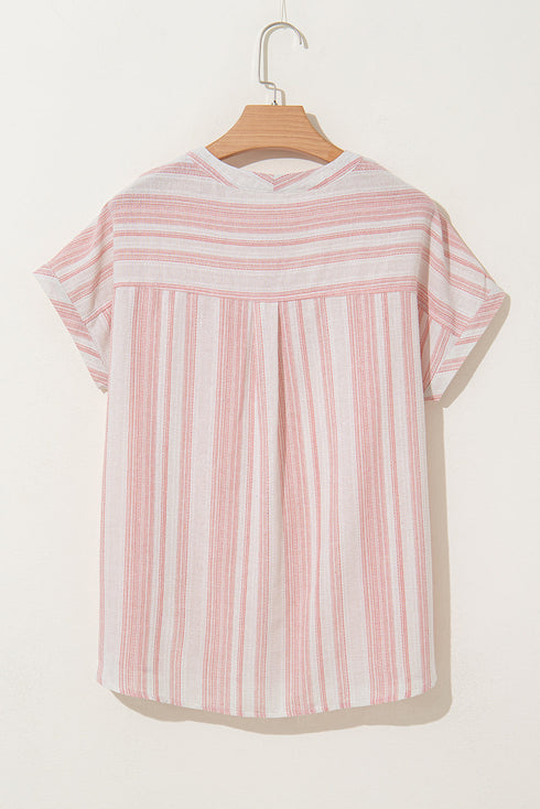 Textured Vertical Stripe Button Front Short Sleeve Blouse