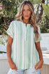 Textured Vertical Stripe Button Front Short Sleeve Blouse